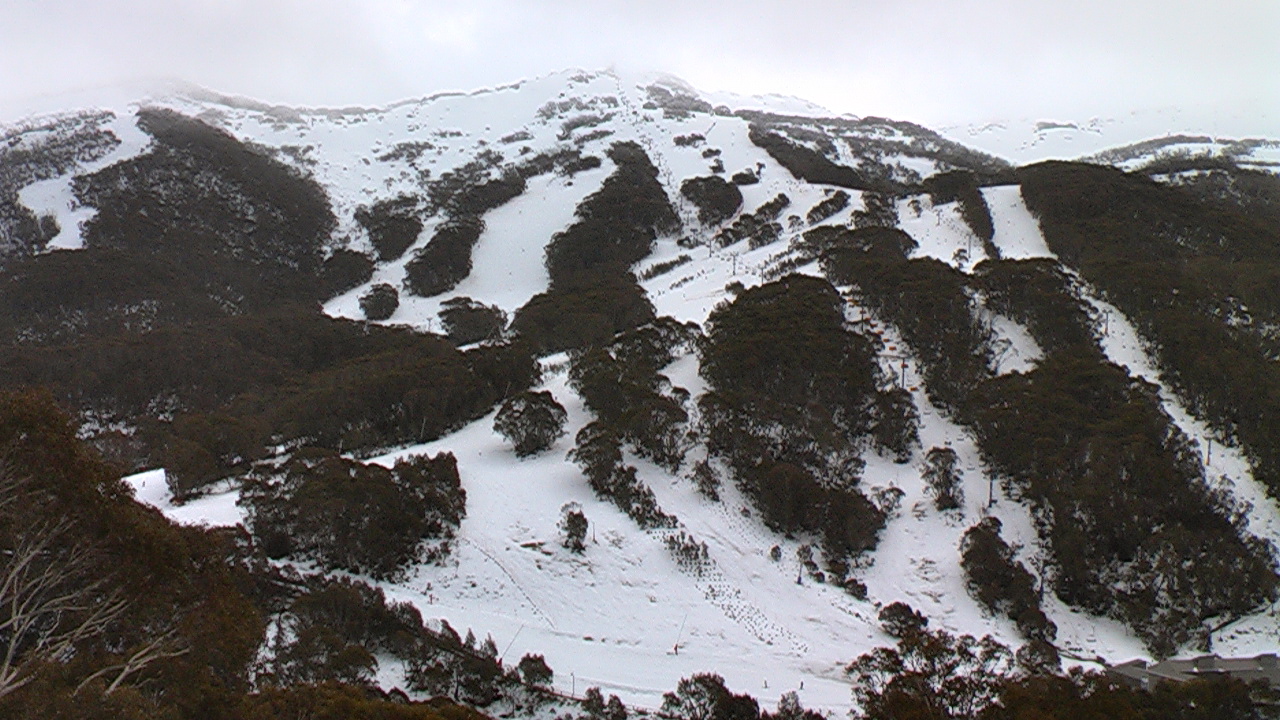 Snow-covered Thredbo village and alpine slopes